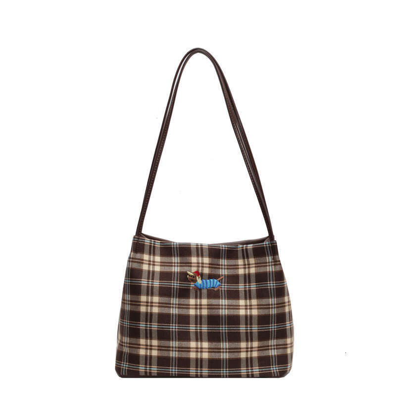 Korean style plaid shoulder cartoon dog embroidery cute tote commuting bucket bag