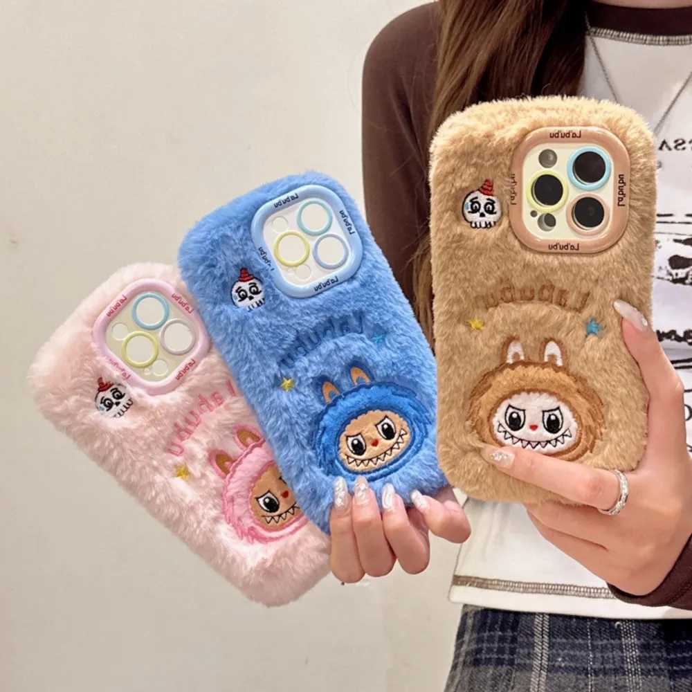 Hot Sale Suitable for iPhone 11 12 13 15 16 Pro Max plush embroidery 3D cartoon LaBuBu phone case Plus hole lens holder protective case T241209