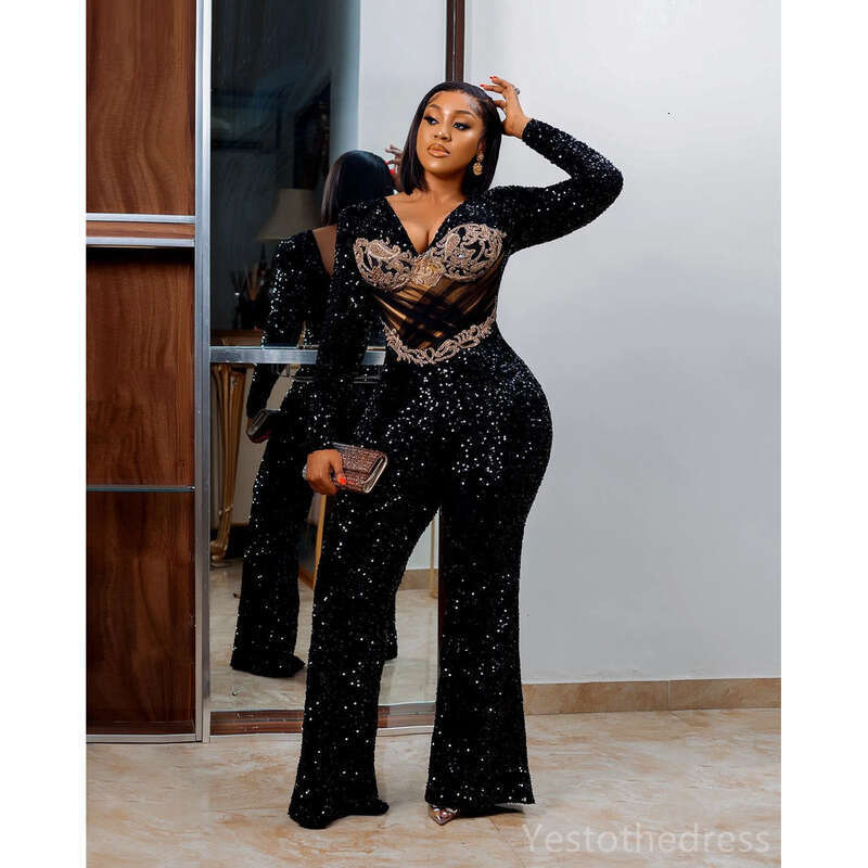 2024 Plus Size Black Jumpsuits Prom For Special Ocns Evening Dresses Elegant Long Sleeves Sequined Lace Birthday Party Dress Reception Gowns 1102