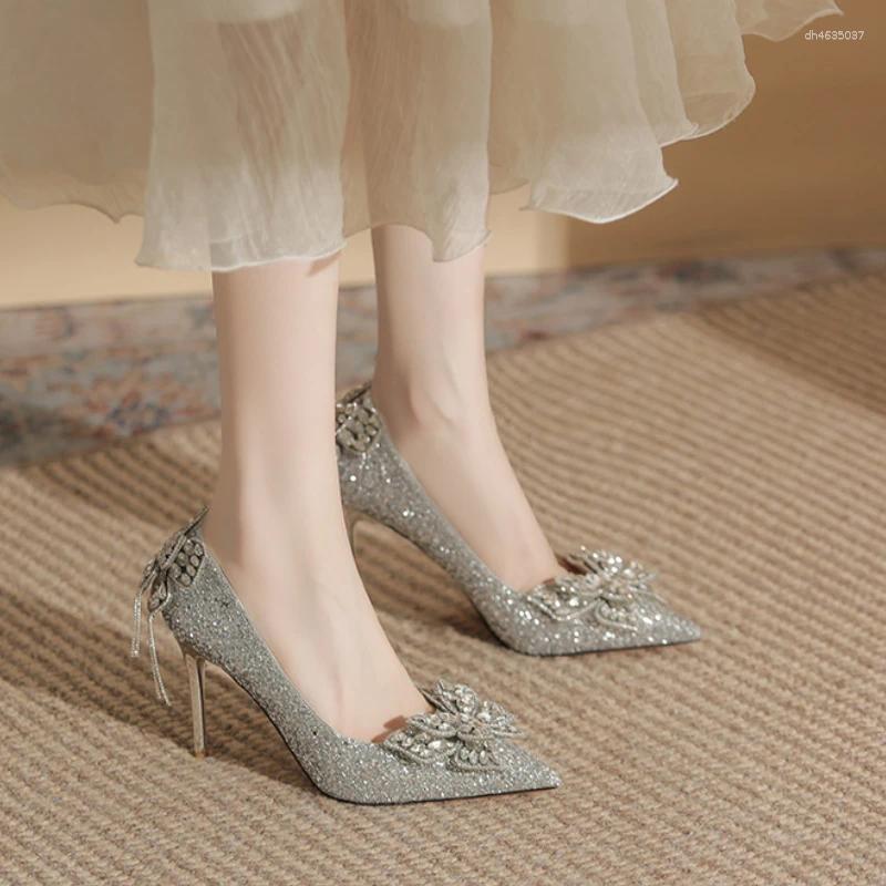 Dress Shoes Autumn Pointed Toe Pumps Sequined Rhie Butterfly Women Heels Sier High Party Wedding zhanyishengli