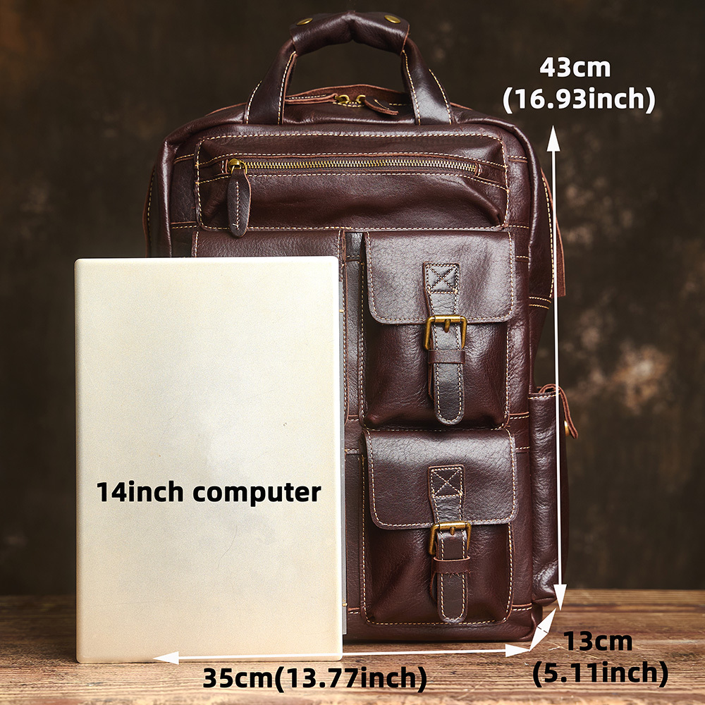 NUPUGOO Genuine Leather Men's Backpack Multi-Pocket Outdoor Travel Head Layer Cowhide Laptop Bag for 17-inch Laptops
