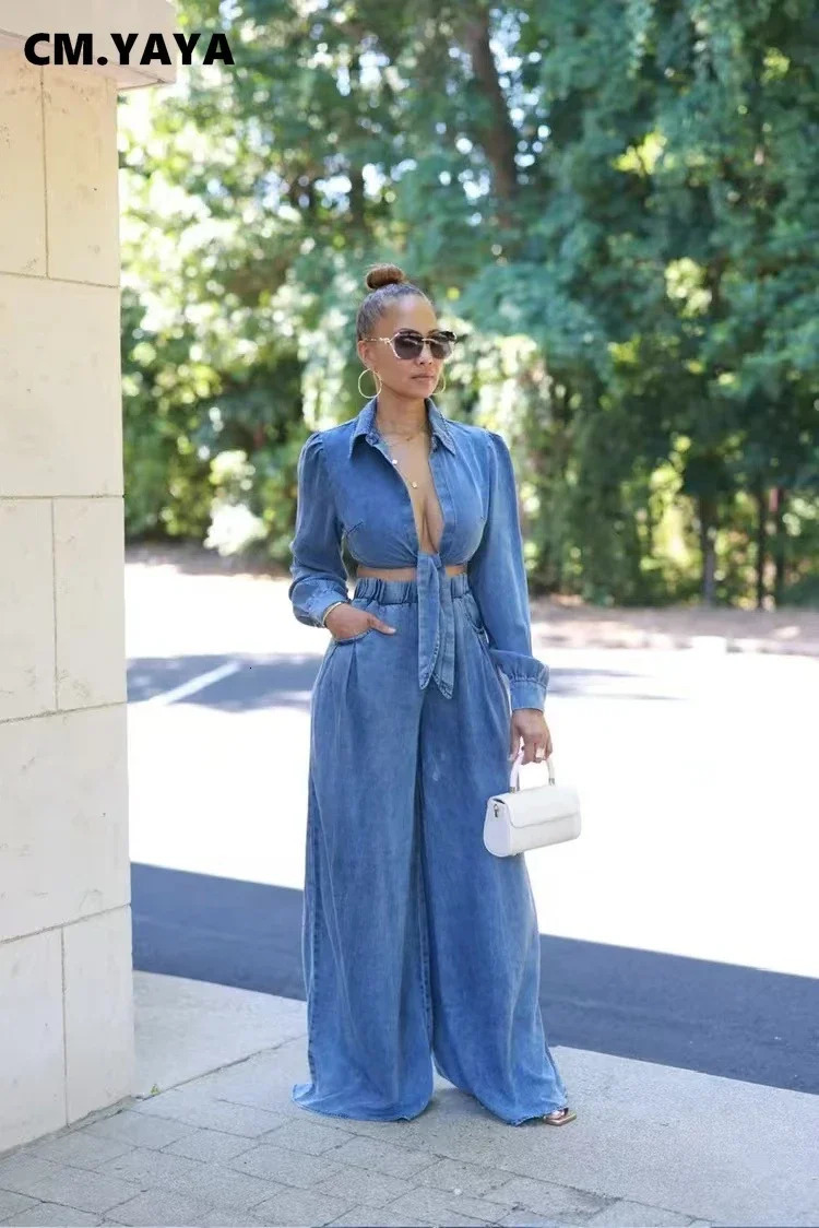 CM. YAYA denim womens suit tie long sleeved shirt and pocket loose jeans pants street two-piece set 241202