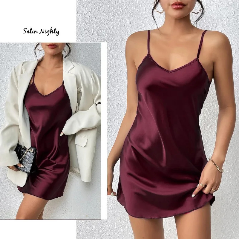 Sexy Satin V-Neck Halter Babydolls Plus Size Lingerie Women Silky Sleepwear Wedding Bride Mini Dress Mini Slip Chemise Nightwear 241209