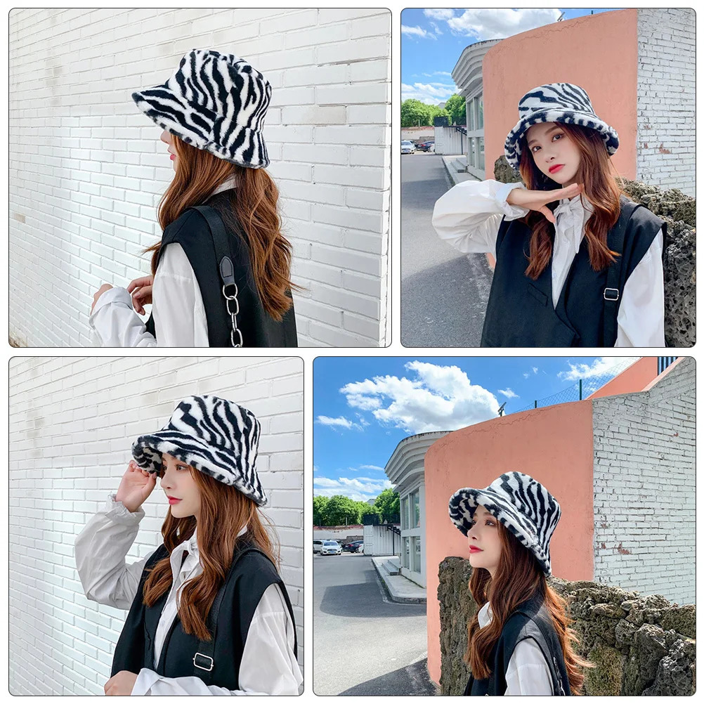 Zebra bucket hat paired with colorful plush Korean version elegant fur fisherman rabbit 241205