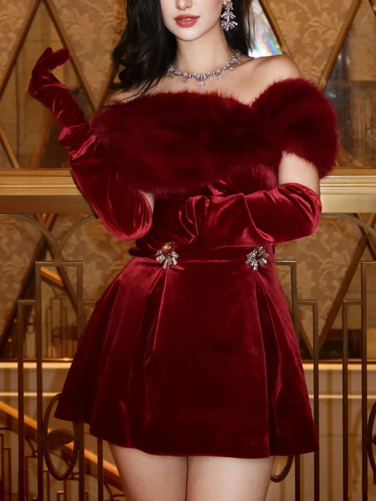 Galcaur Solid Splicing Fur Elegant Fashion Womens Slant Neck Shoulder High Waist Diamond Button Mini Dress Womens Style 241206