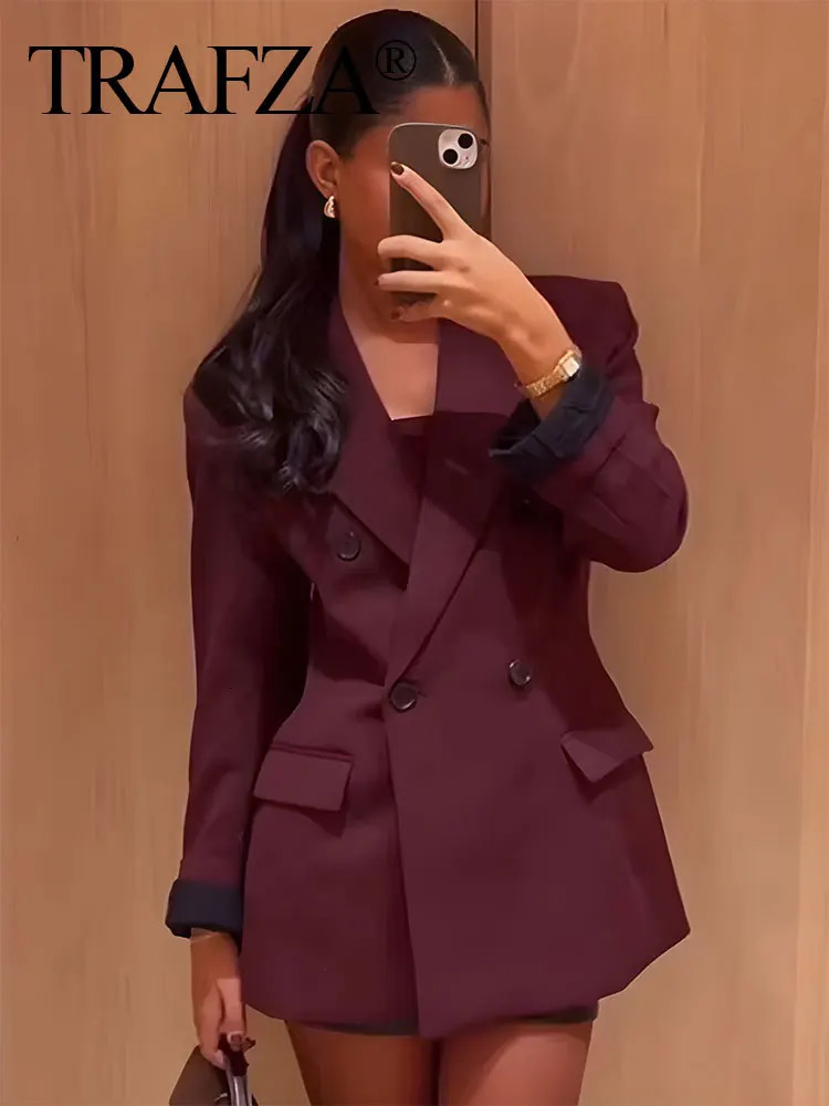 TRAFZA Vintage Woman Burgundy Red Blazer lapel Double Breasted Long Sleeve Suit Coat Womens 2024 Autumn Office Lady Outwear 241209