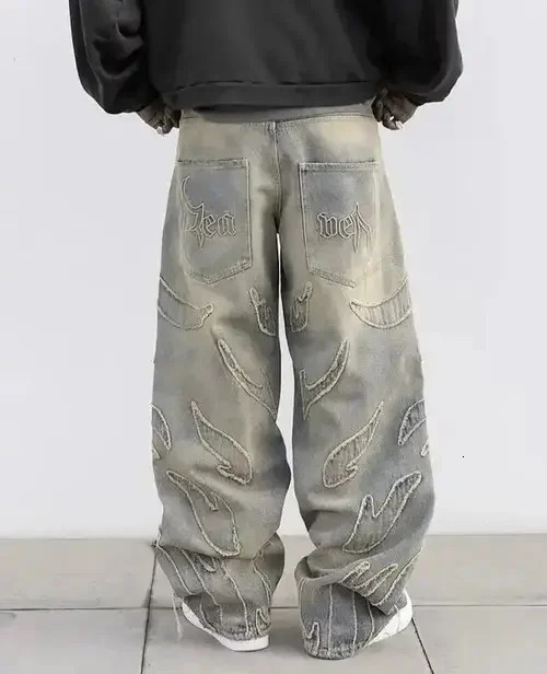 Y2k Men Baggy Jean Hip Hop Retro Harajuku Light Distressed Pants Oversized Embroidered Gothic Wide Leg Streetwear 241206