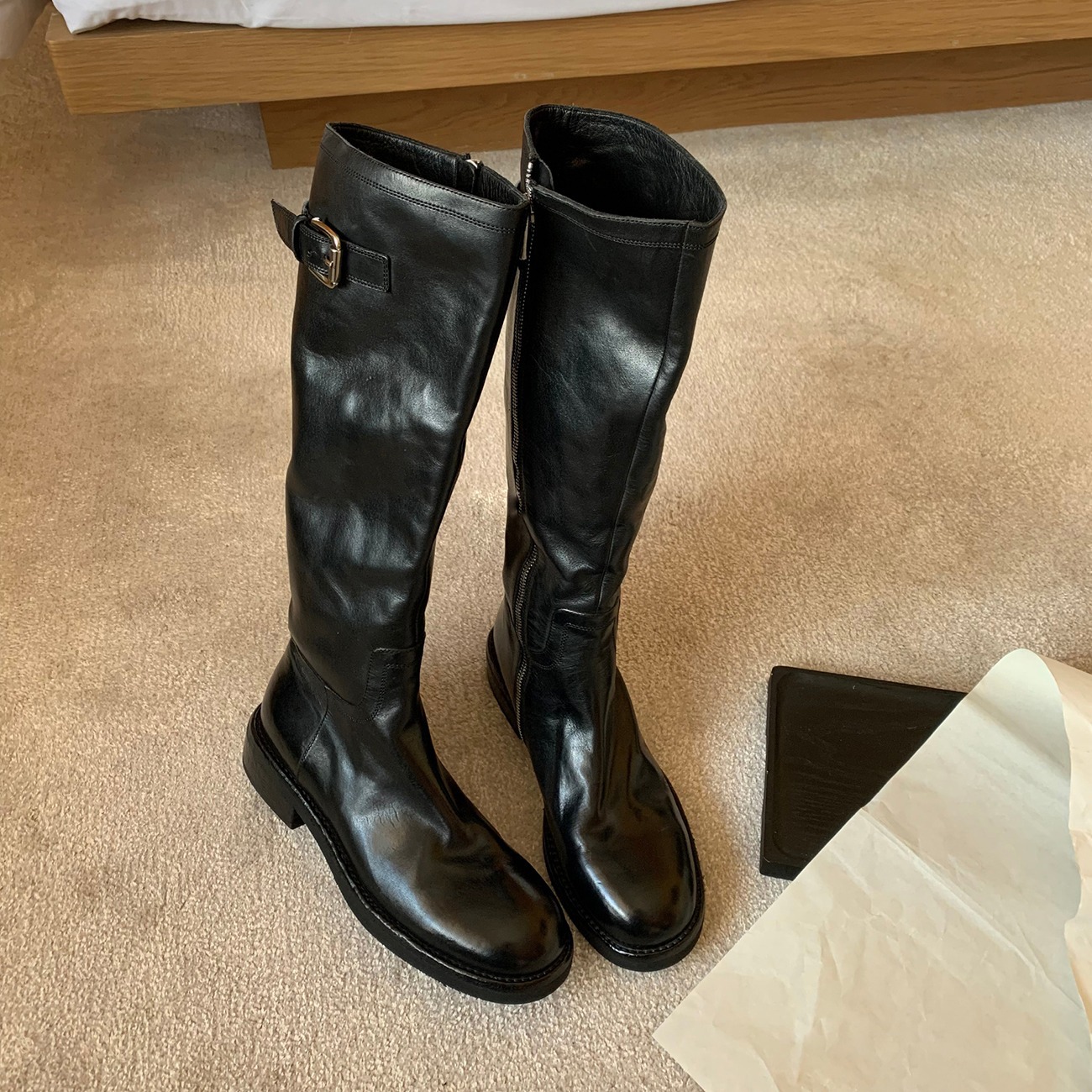 Women Boots:Cowhide Retro Style Leather Chunky Heel Thick Sole Long Boots Winter High-end Boots,Black/Brown,Free shipping