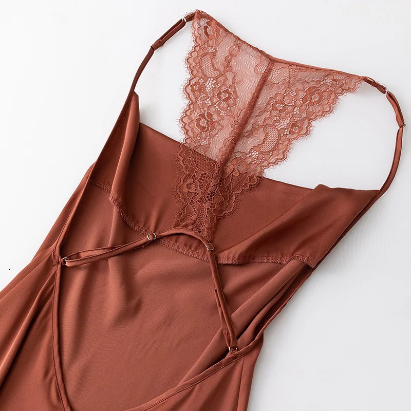 Suspender Nightgown Women Chemise Sleepwear Nightdress Sexy Lace Backless Nightwear Dressing Gown Satin Home Wear Loungewear 241209
