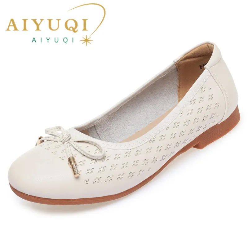 AIYUQI Women Summer Shoes Spring New Genuine Leather Flat Casual Shoes Women Round Toe Large Size Cutout Mom Shoes Women
