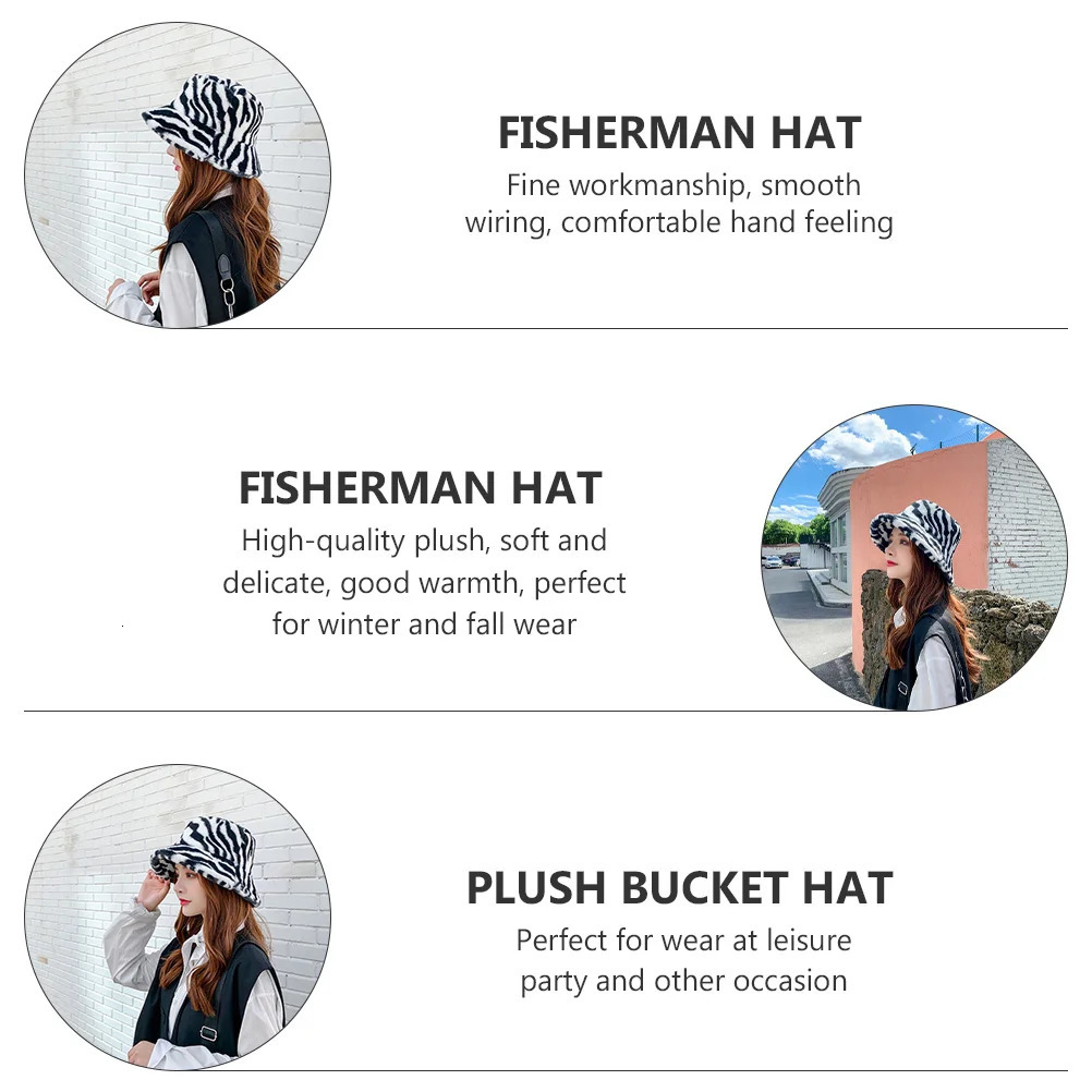 Zebra bucket hat paired with colorful plush Korean version elegant fur fisherman rabbit 241205