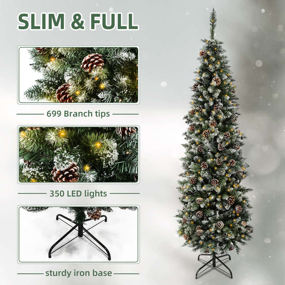 7.5 Ft Pre-Decorated Pencil Christmas Holiday Tree w Clear Pine cones 955 PVC cked Frosted Tips 400 LED Lights