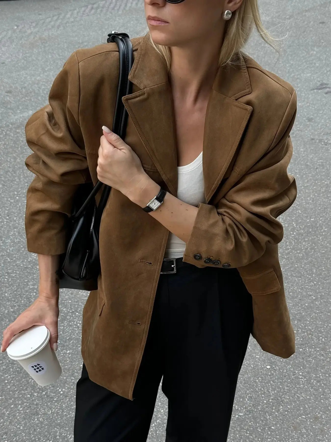 Brown Lapel Pocket Suede Leather Jacket for Woman Single Button Long Sleeve Vintage Blazer Coat 2024 Lady Autumn Street Outwear 241209