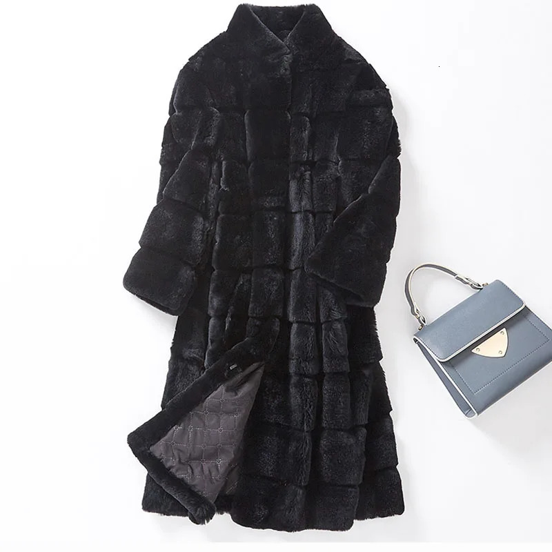 Plus Size Natural Rex Rabbit Hair Fur Coat Colors Womens Long n Winter Warm Outwear Female Overcoat 241202