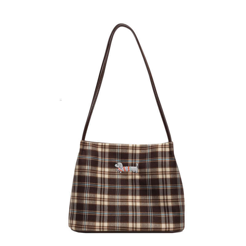Korean style plaid shoulder cartoon dog embroidery cute tote commuting bucket bag
