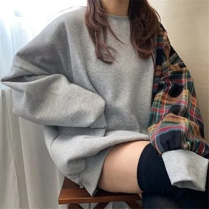 Women Clothing Plaid Patchwork Loose Hoodies Sweatshirts Spring Autumn Long Sleeve Contrast Street Casual Tops Fashion Trend 241209