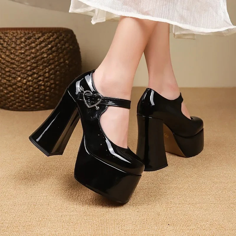 Womens PU Leather Platform Chunky Heeled Pumps Solid Color Ankle Strap Sandals Sexy Party Dress Shoes heels 241209
