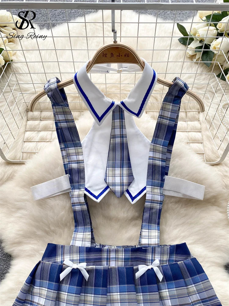 SINGREINY French Sexy JK Uniform Night Dress Hollow Out Tie Slim Nightwear Erotic Plaid Lingerie Women Pleated Pajamas Dresses 241209