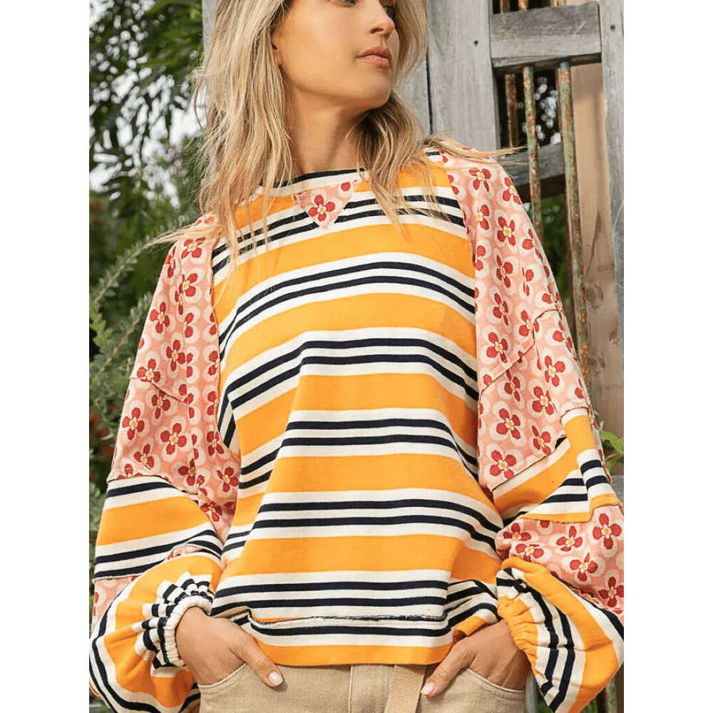 Autumn Winter New European And American Color Blocked Printed Top, Casual Loose Long Sleeved Hoodie, Women's Fashion Quality Classic B1