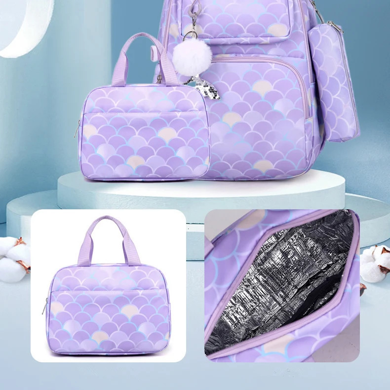 3 pieces/set of fish scale printed rens backpack with mermaid pendant waterproof school bag for girls rens backpack 241206