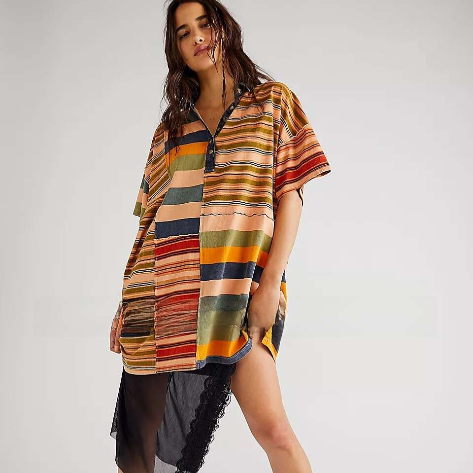 New European And American Women's Mid Sleeve Lapel Contrasting Striped Loose Casual Dress For Women B1