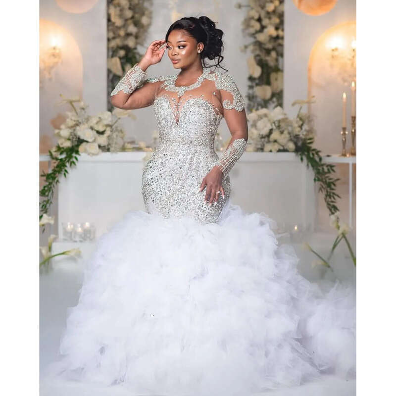 2024 Arabic Aso Ebi Plus Size Off White Mermaid Wedding Dresses Urious Lace Rhies Full Sleeves Tiers Vintage Bridal Gowns Dress 0218