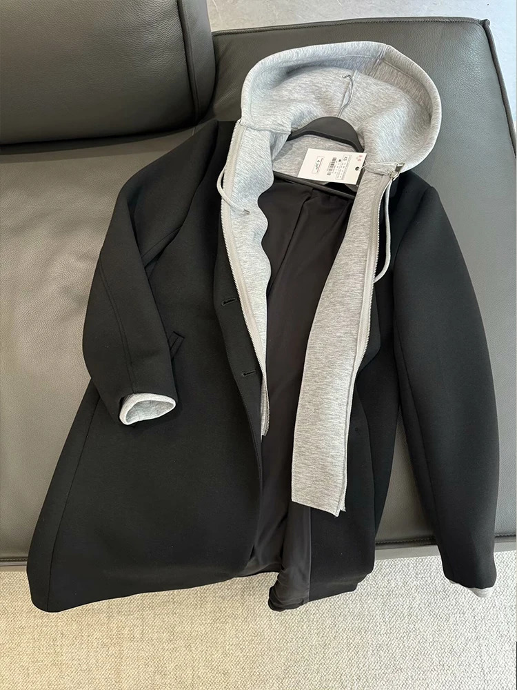 2024 autumn and winter womens clothing versatile detachable hooded splicing lapel longsleeved casual pocket woolen coat 241203Z