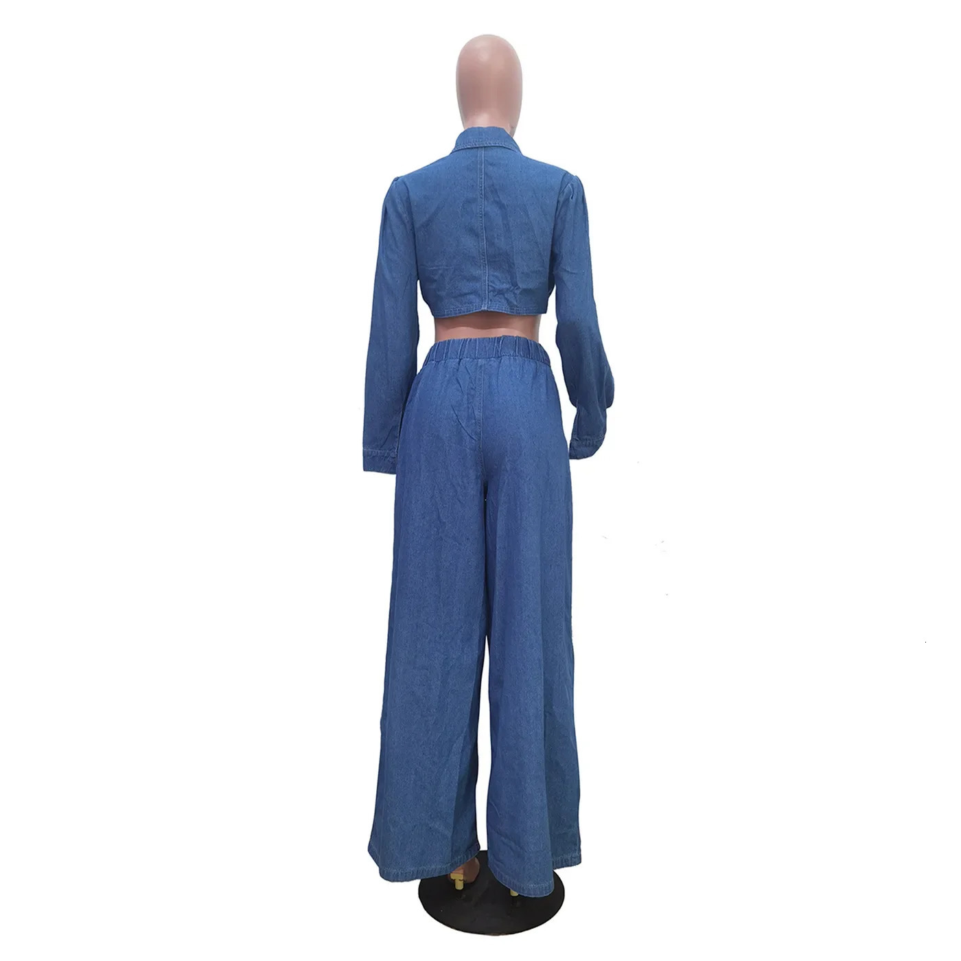 CM. YAYA denim womens suit tie long sleeved shirt and pocket loose jeans pants street two-piece set 241202