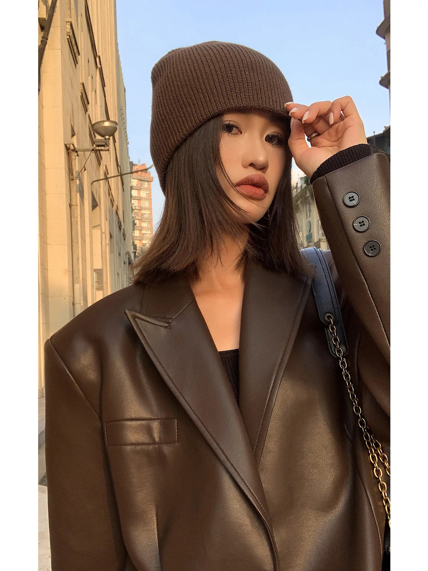 Women Black Brown Soft PU Leather Blazer Shoulder Pads Long Sleeve Single Breasted Loose Casual Jacket Tops Korean Fashion Coat 241209