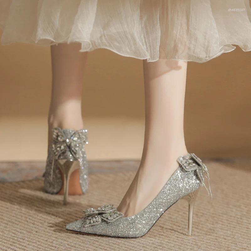 Dress Shoes Autumn Pointed Toe Pumps Sequined Rhie Butterfly Women Heels Sier High Party Wedding zhanyishengli