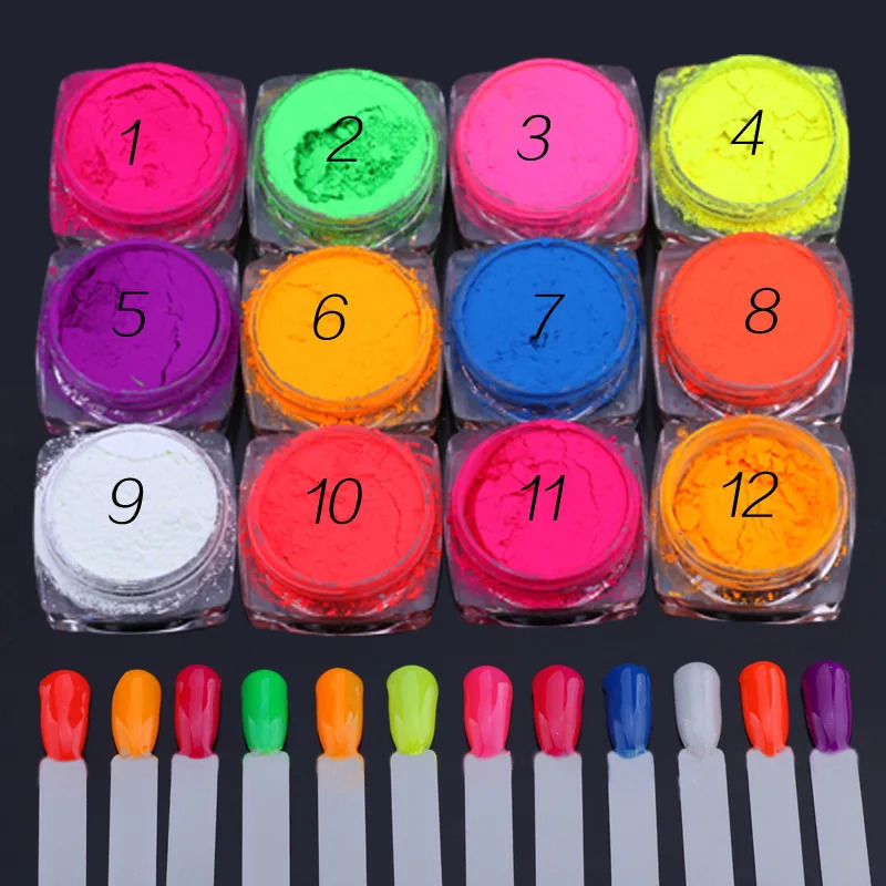2013s Neon Phosphor Pigment Powder Set 12pcs Fluorescent Nail Glitter Chrome Pigment Gradient Effect Ombre Rubbing Neon Dust 241209