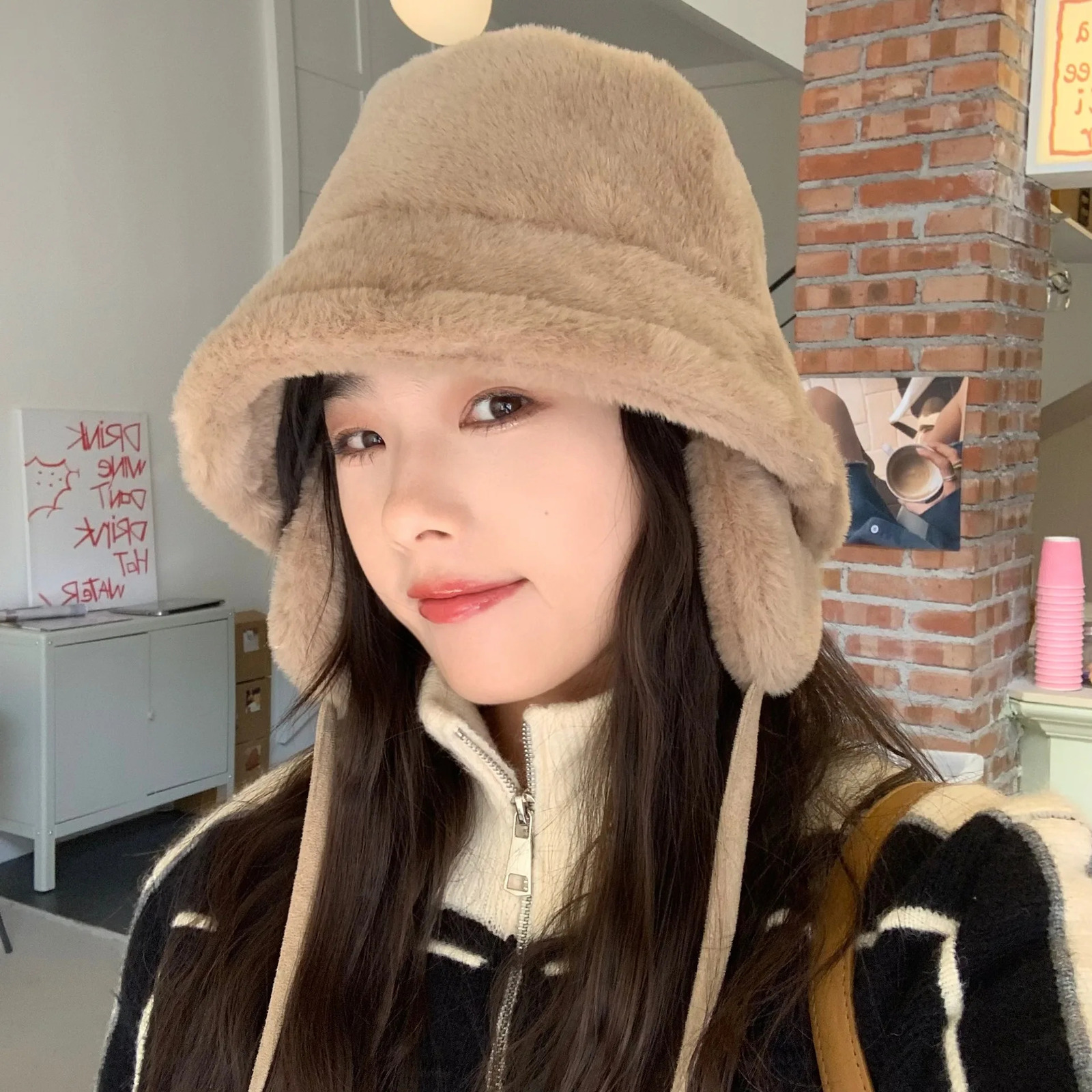 Winter warm bucket hat with ear cushions solid color thick plush ear cushions womens warm artificial fur ear cushions 241205