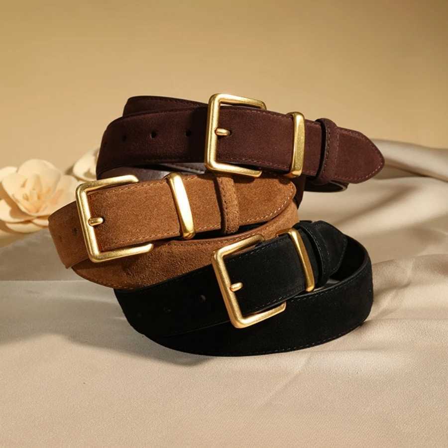 Womens suede denim belt with gold square buckle 3.3cm wide retro style dress jeans belt X241209