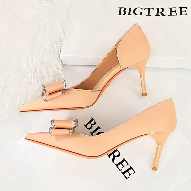 BIGTREE Fashion Nightclub Pumps 7cm High Heels Fashion Silk Pointed Toe Side Hollow Shiny Crystal Bowknots Lady Prom Shoes 241209