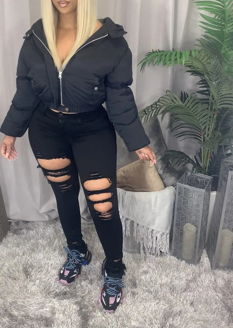 Autumn womens short inflatable jacket cotton pad thick drawstring park zipper winter bubble warm casual street set 241209