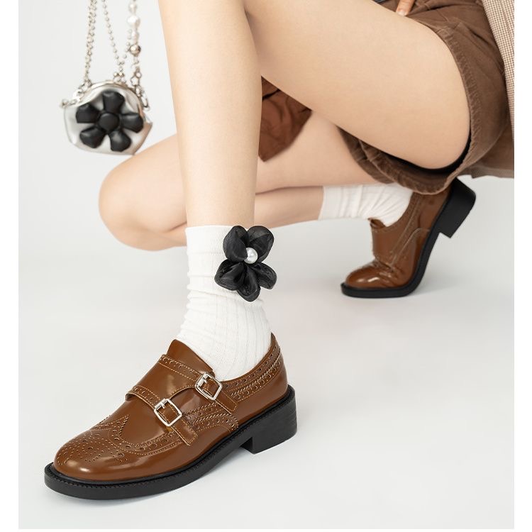 Women Leather Solid Color Brogue Flats Buckle Strap Round Toe Formal Dress Shoes for Ladies