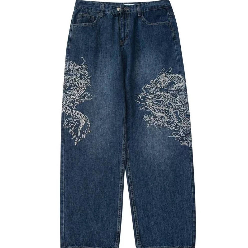 Gothic dragon pattern embroidery high waisted jeans for men y2k street bag jeans for men high street hip-hop casual jeans 241206