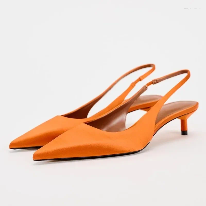 2025 S Fashion Designer Sandals Summer High Heels Woman Pointed Elegant Office Sgbacks Stiletto Orange Silk Dress Lady Party Shoes