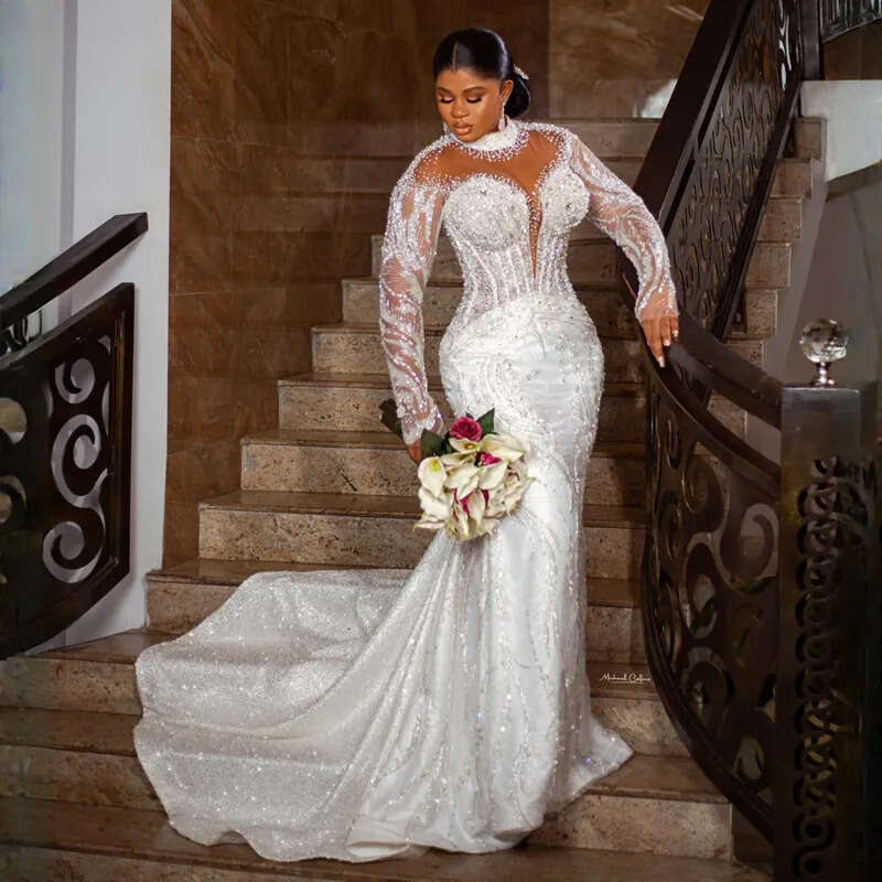 Urious Plus Size Aso Ebi Wedding Dresses Mermaid High Neck Long Sleeves Elegant Bridal Gowns African Black Women Lace Dress For Brides Illusion Gown 0