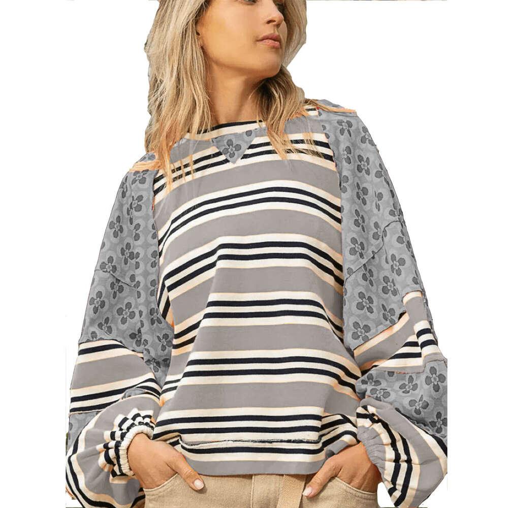 Autumn Winter New European And American Color Blocked Printed Top, Casual Loose Long Sleeved Hoodie, Women's Fashion Quality Classic B3