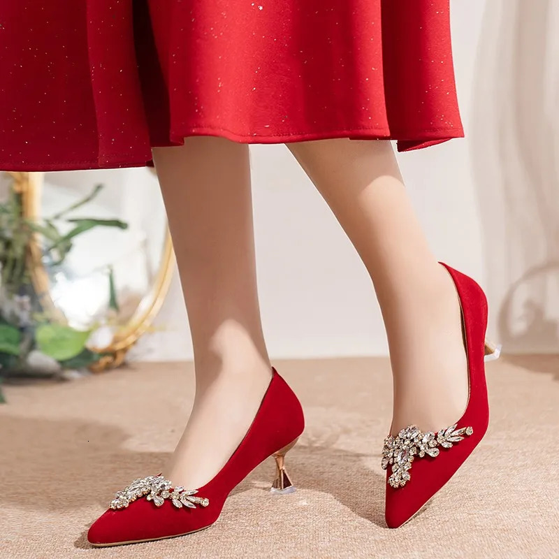 French Thin Wedding Shoes Female Wedding Bride Shoes Xiuhe Dress Red High Heels Botines Mujer Con Tacon Women Shoes 241209