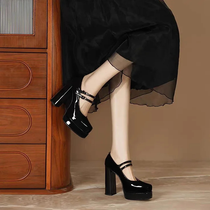 Mary Jane Pumps for Women Girls Fashion Chunky Heel Wedding Dress Shoes Classic Double Buckle Platform High Heels 241209