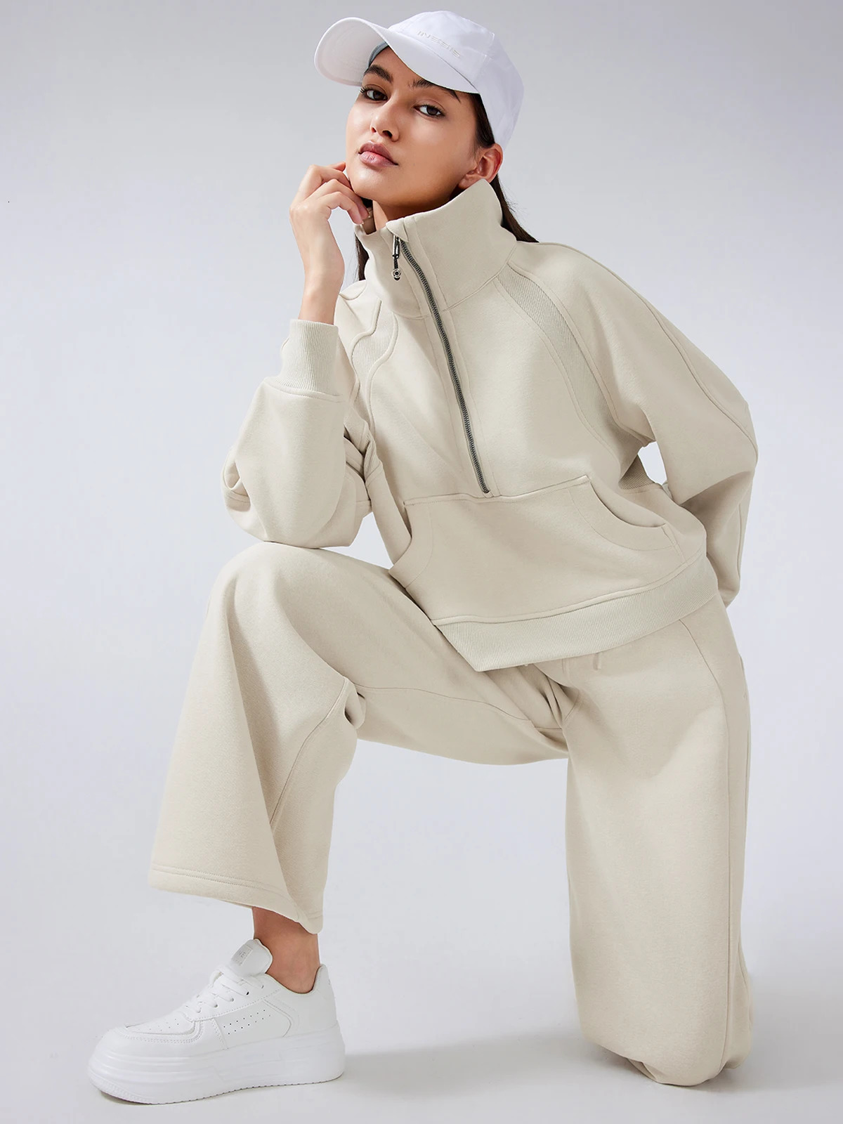 Womens 2-piece winter warm wool half zipper high neck zipper sweatshirt and loose straight leg pants suitable for gym and casual wear 241205