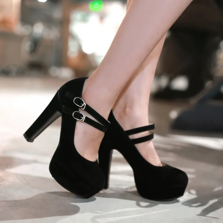 Sexy Women OL high heels Black Flock Women Pumps Female Platform Winter Thick with Autumn Round Single party shoes 241209