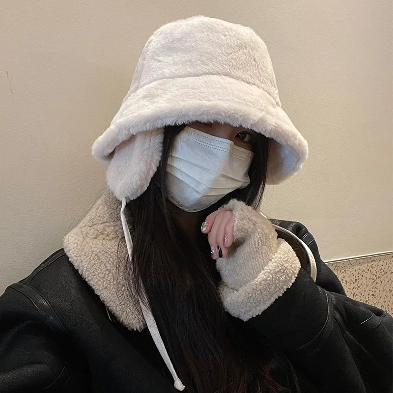 Winter warm bucket hat with ear cushions solid color thick plush ear cushions womens warm artificial fur ear cushions 241205