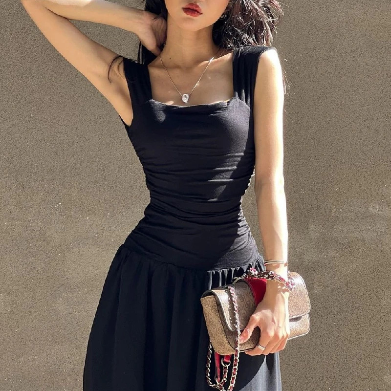WhereMery Women Summer Party Long Dress Sexy Ruched Bodycon Black Maxi Dresses 2024 Elegant Temperament High-waist Vestidos 241209
