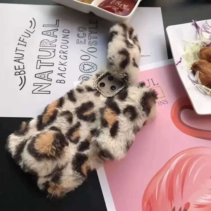Hot Sale Warm Winter Leopard Printed Rabbit Plush Soft Case iPhone Case 16 15 14 13 12 11 Pro XR XS Max 7 8 Plus Soft Phone Y2K Cover T241209