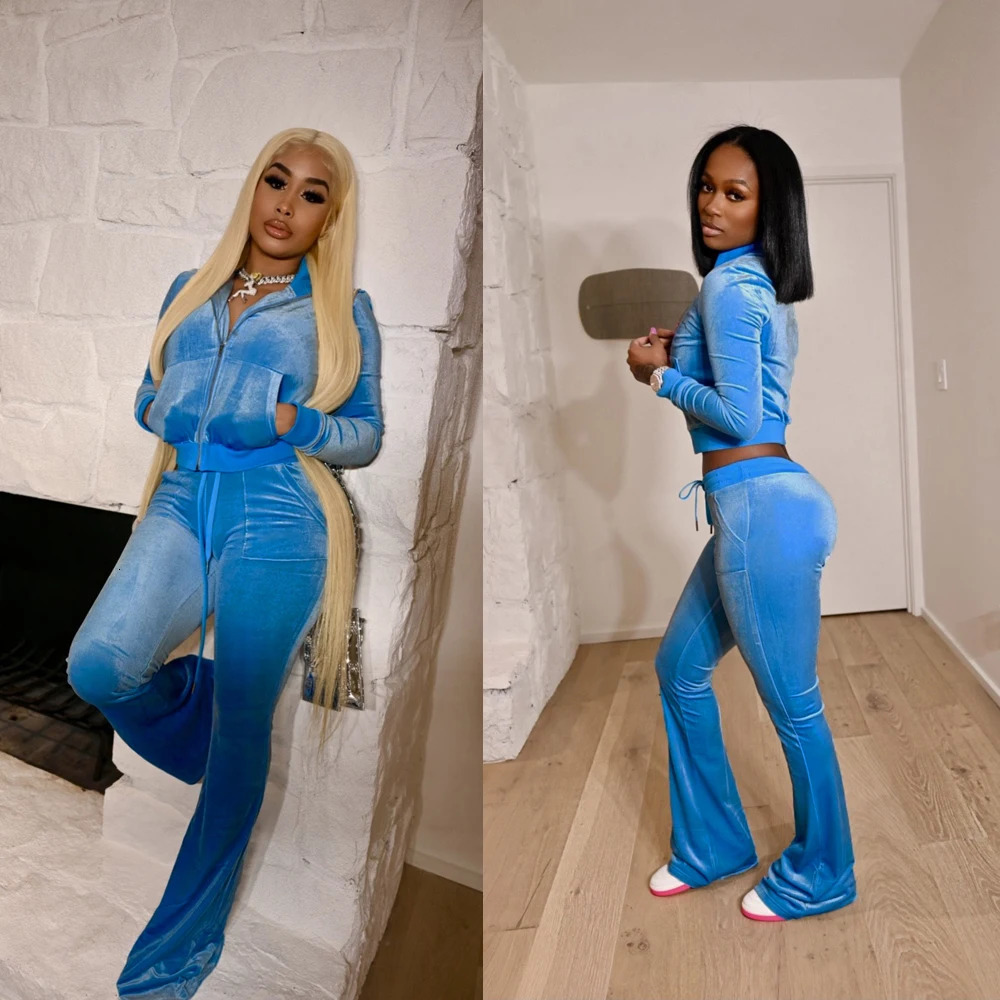 Velvet Tracksuit Lounge Wear for Women Autumn Clothes Long Sleeve Zip Crop Top Flared Pant Suit Jogger Matching 2 Two Piece Set 241209