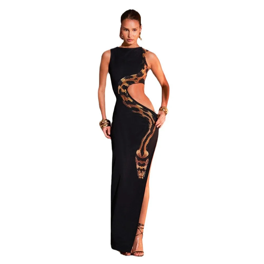 European and American Style Womens 2024 Summer Sleeveless Sexy Slim Split Long Skirt Hollow Out Dress Gown 241209