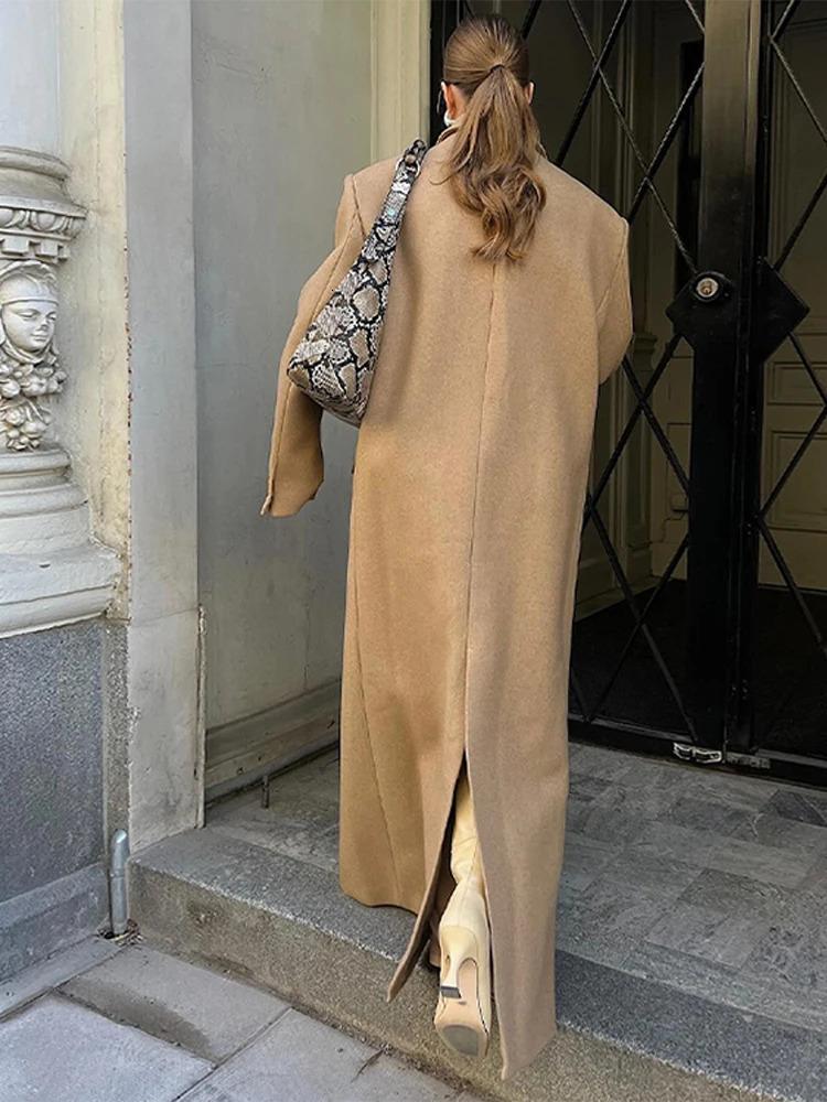 Retro single chest thick long jacket for womens casual loose solid seam pocket wool Maxi jacket for womens winter fashion street jacket 241204